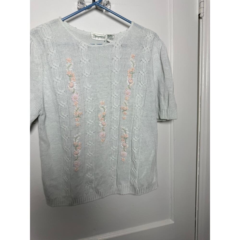 VTG Shenanigans White Short Sleeve Cable Knit Girly Rosette Coquette Sweater L - Picture 3 of 6